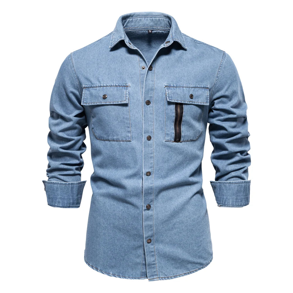Men's Long Sleeve Shirt with Dual Chest Pockets and Cuffs