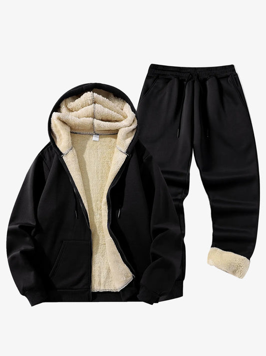 Men's Hooded Tracksuit Set with Sherpa-Lined Jacket and Jogger Trousers – Warm Winter Wear