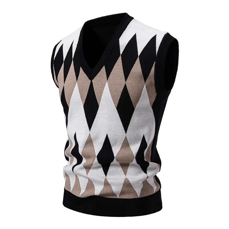 Men's Argyle Knit Sweater Vest with V-Neck Pattern