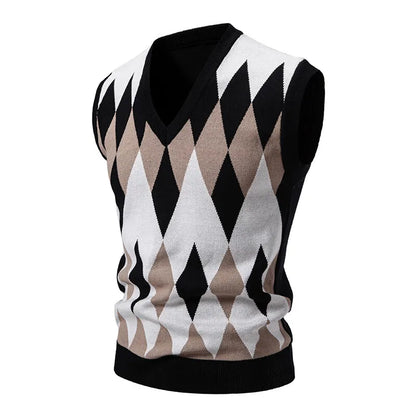 Men's Argyle Knit Sweater Vest with V-Neck Pattern