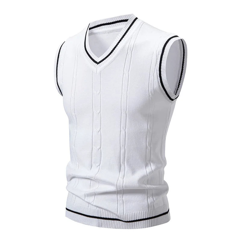 Men's Knitted V Neck Tank Top with Cable Knit Detail