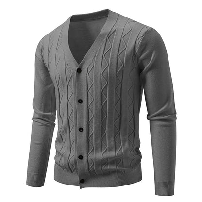 Men's Knitted V Neck Cardigan with Diamond Pattern Detail