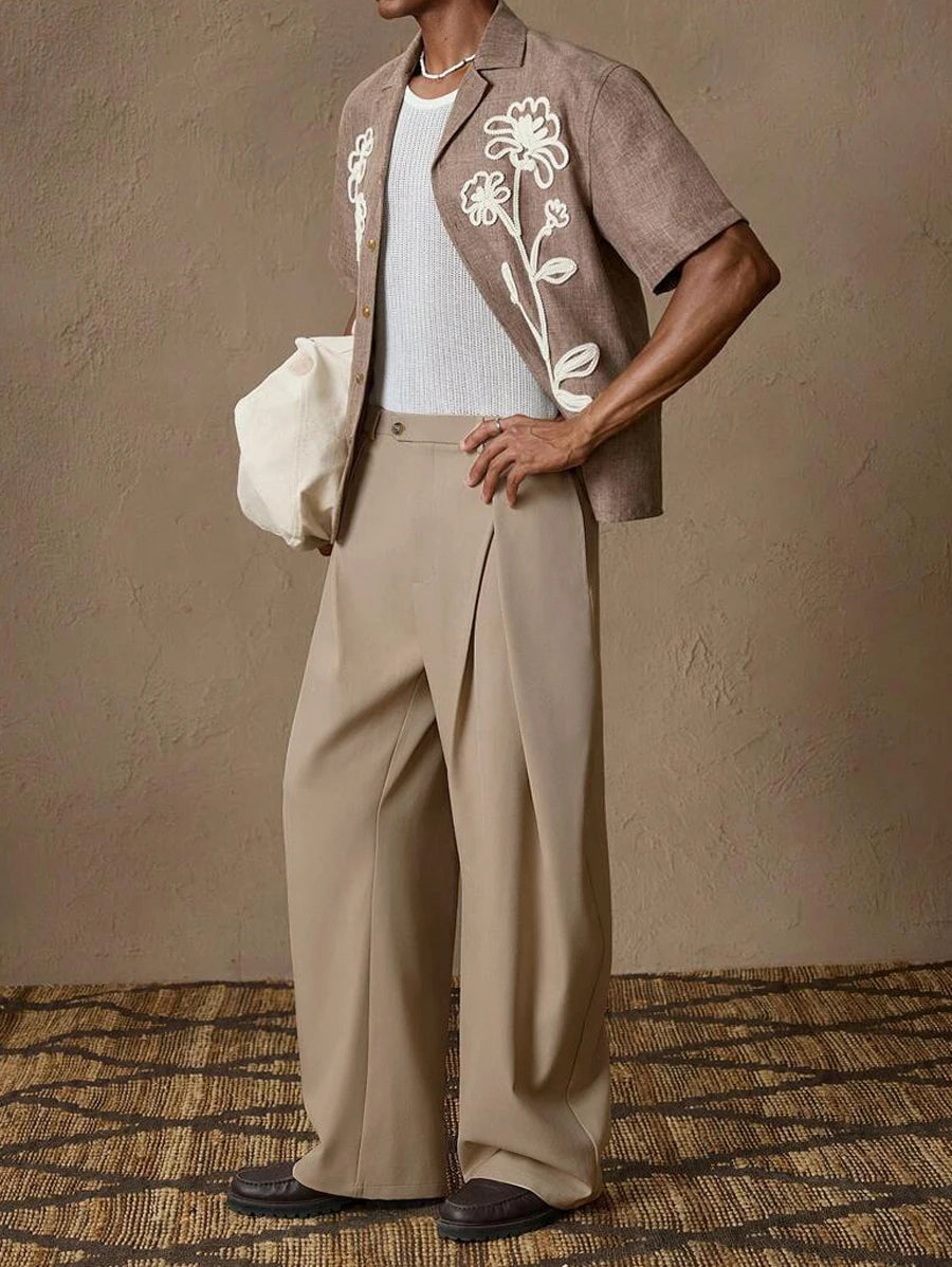 Men's Loose Fit Wide Leg Pleated Trousers with Pockets