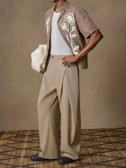 Men's Loose Fit Wide Leg Pleated Trousers with Pockets