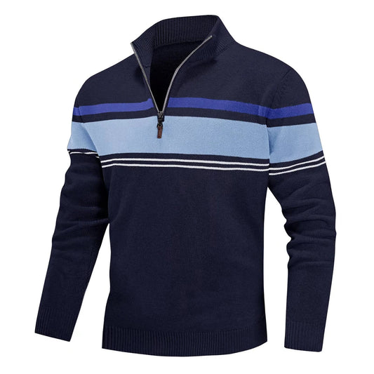 Men's Zip Neck Knitted Jumper – Striped Long Sleeve Pullover Sweater