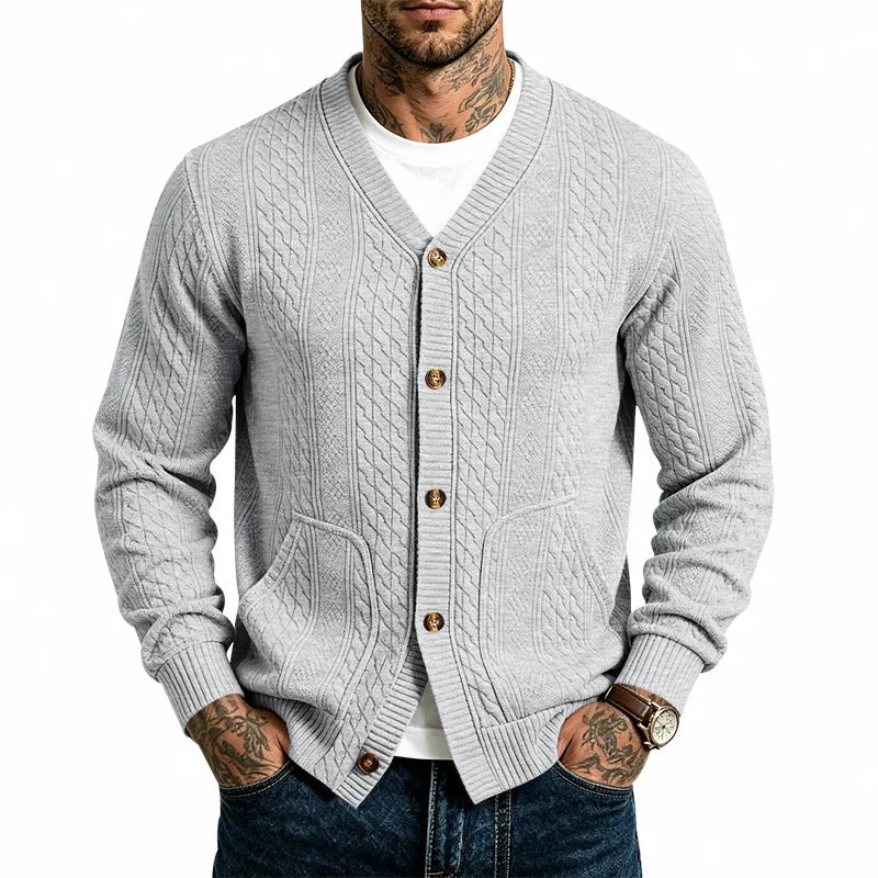 Men's Cable Knit Cardigan with V-Neck and Button Front