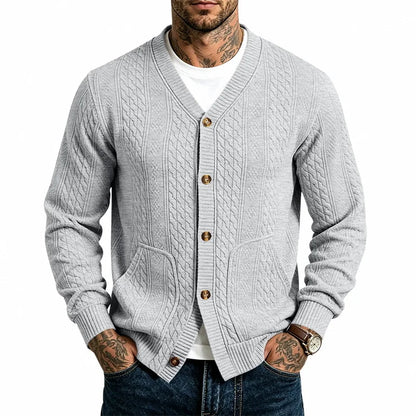 Men's Cable Knit Cardigan with V-Neck and Button Front