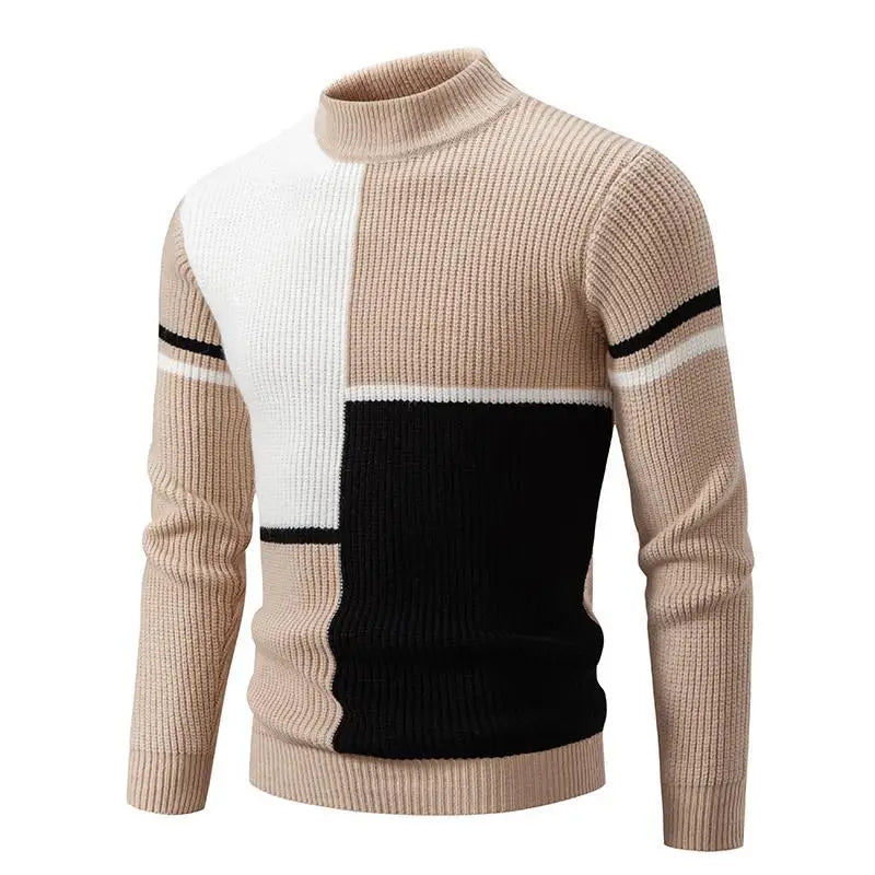 Men's Colour Block Knit Jumper with High Neck and Long Sleeves