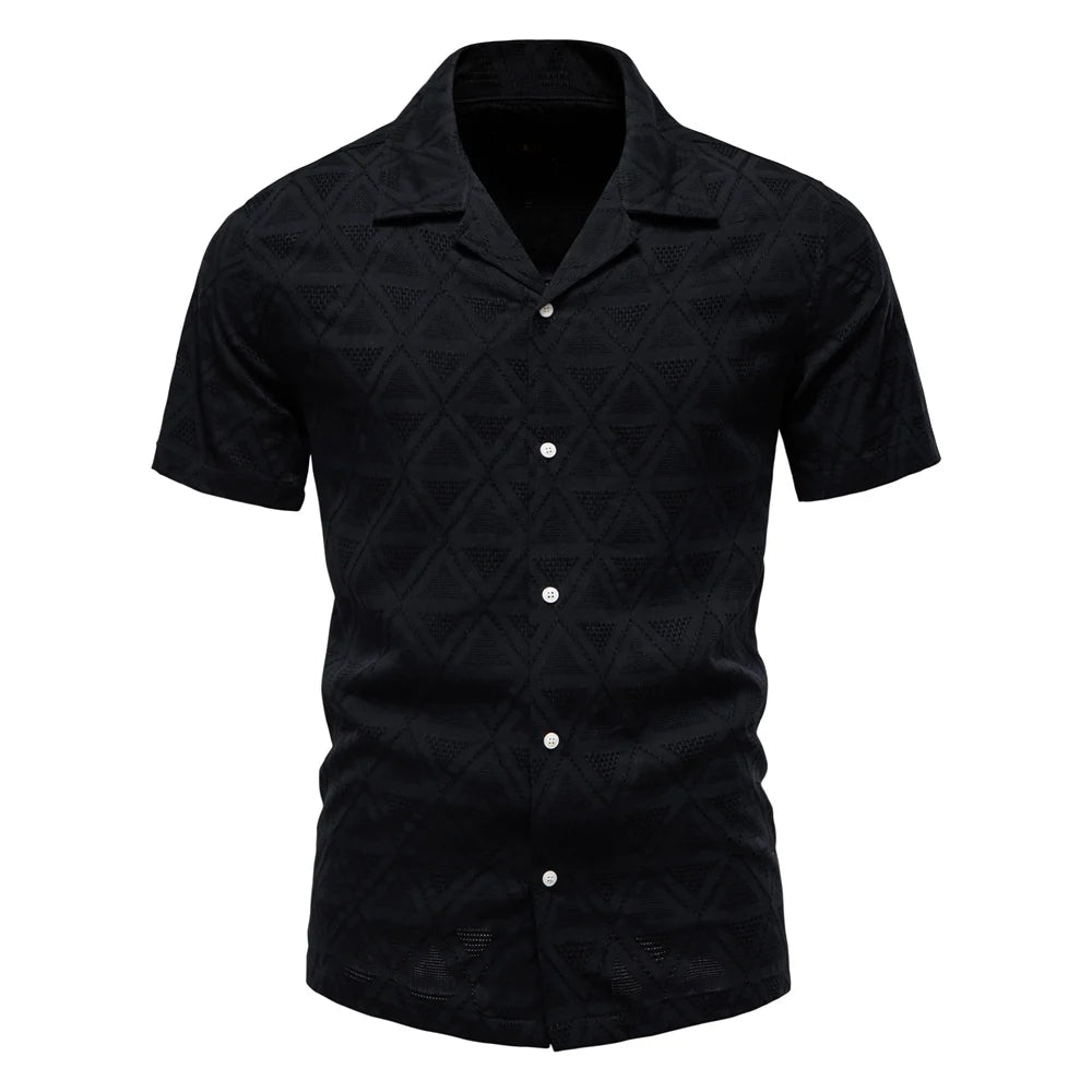 Men's Short Sleeve Shirt with Textured Pattern and Open Collar