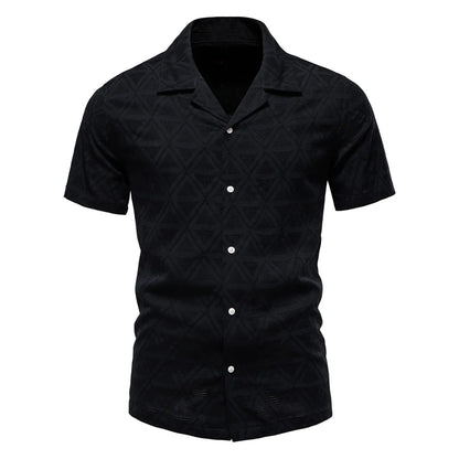 Men's Short Sleeve Shirt with Textured Pattern and Open Collar