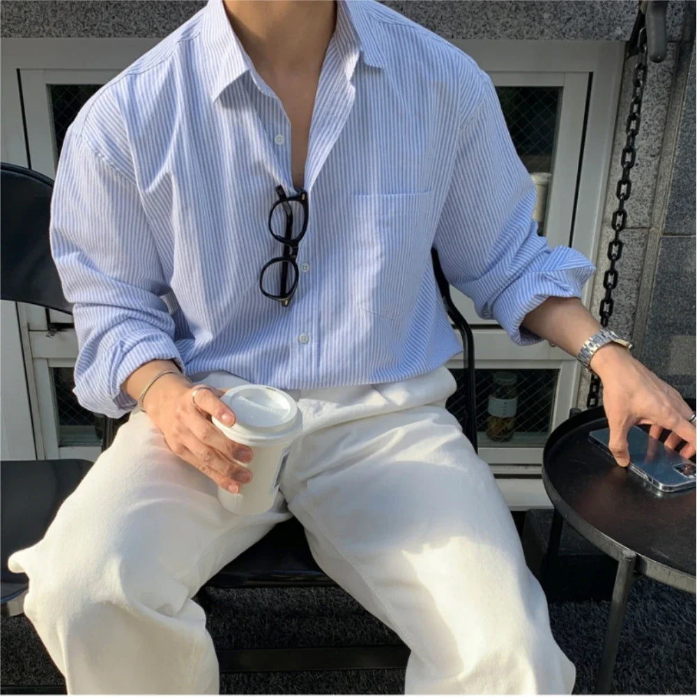 Men's Relaxed Fit Textured Long Sleeve Shirt with Open Collar