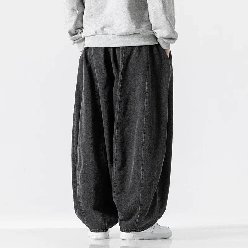 Men's Loose Fit Denim Harem Trousers with Drawstring Waist