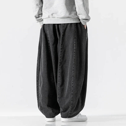 Men's Loose Fit Denim Harem Trousers with Drawstring Waist