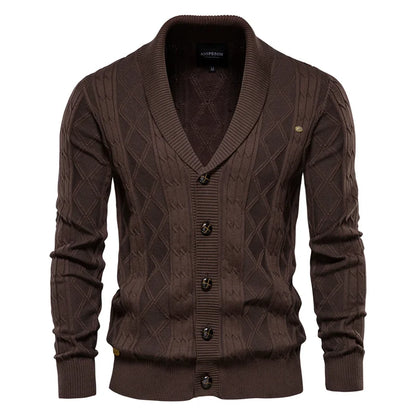 Men's Cable Knit Cardigan with Shawl Collar and Button Front