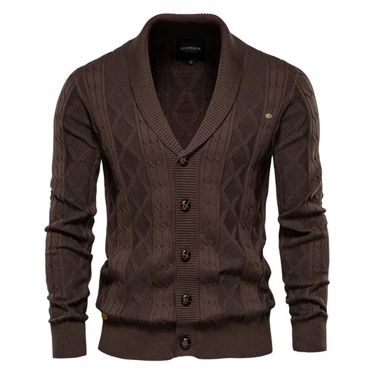 Men's Cable Knit Cardigan with Shawl Collar and Button Front