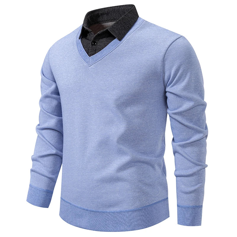 Men's V-Neck Jumper with Long Sleeves and Ribbed Trim