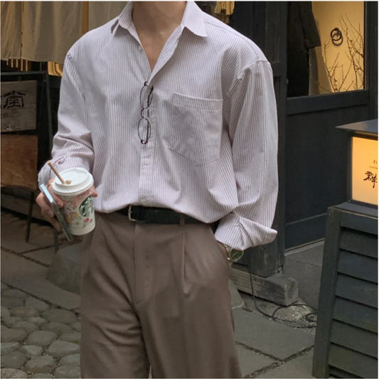 Men's Relaxed Fit Textured Long Sleeve Shirt with Open Collar
