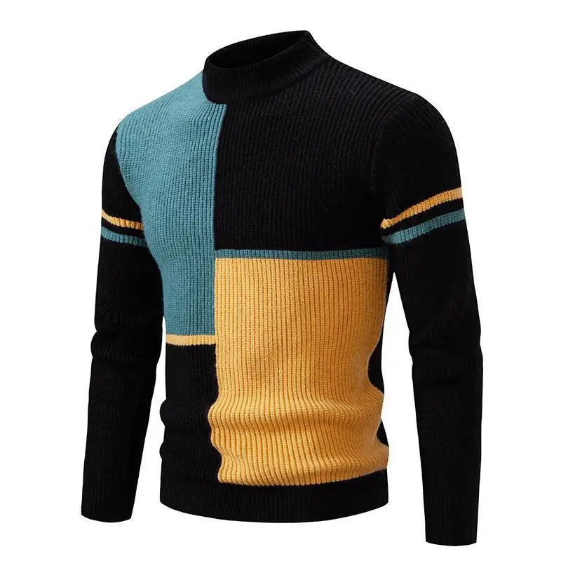 Men's Colour Block Knit Jumper with High Neck and Long Sleeves