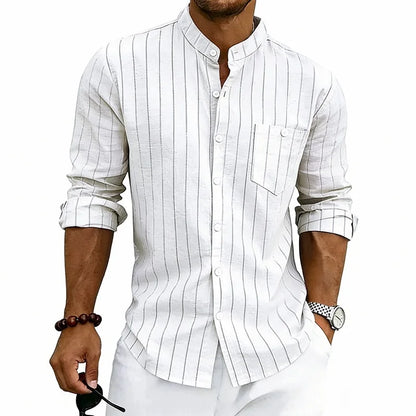 Men's Long Sleeve Grandad Collar Shirt with Chest Pocket