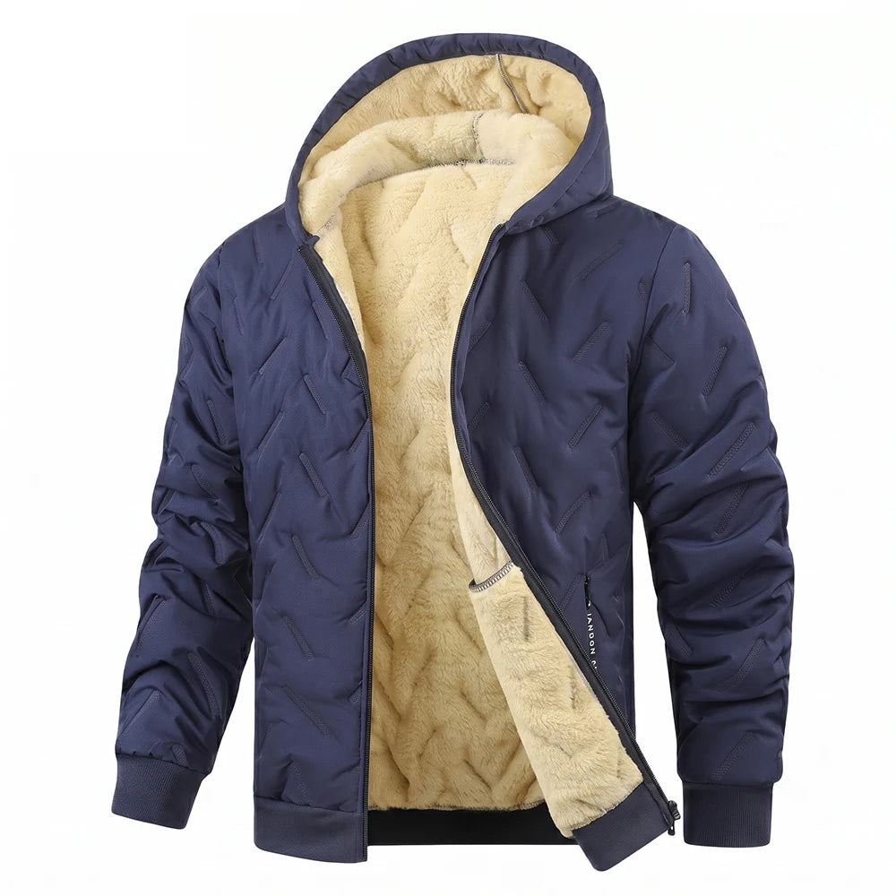Men's Quilted Hooded Jacket – Long Sleeve Winter Coat with Full Zip and Pockets