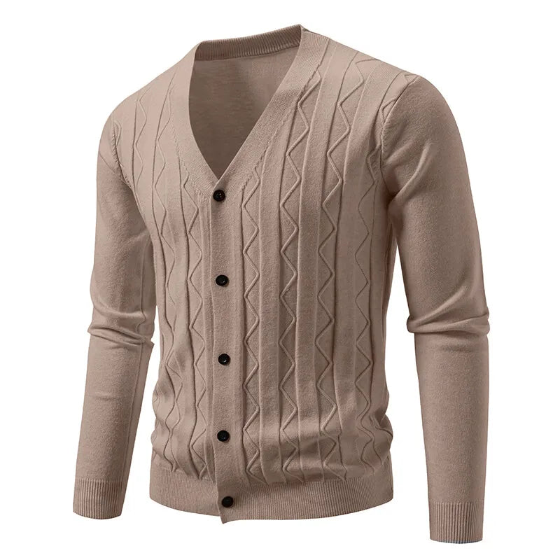 Men's Knitted V Neck Cardigan with Diamond Pattern Detail