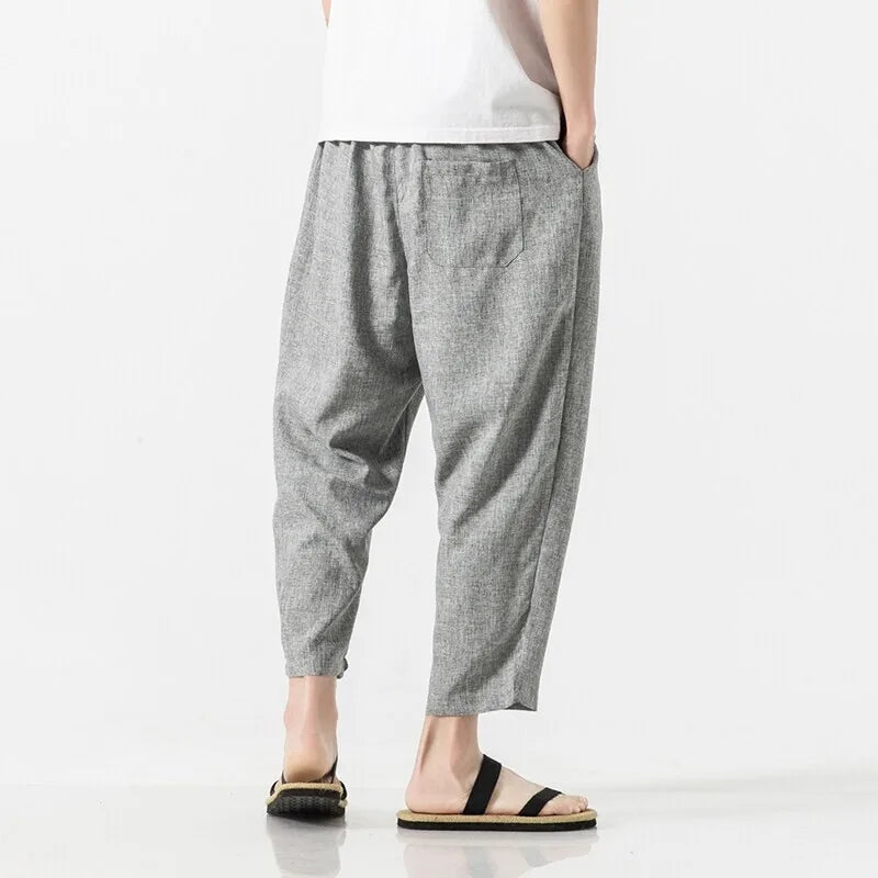 Men's Loose Fit Cropped Trousers with Drawstring Waist
