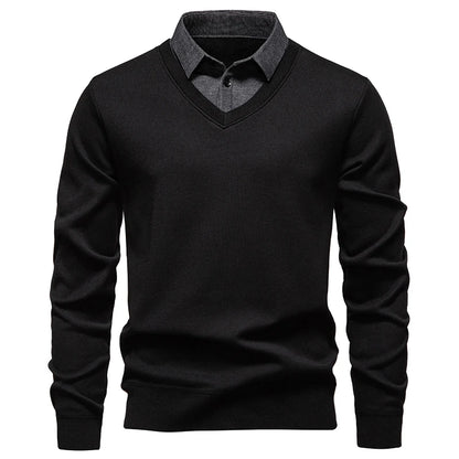 Men's V-Neck Jumper with Long Sleeves and Ribbed Trim