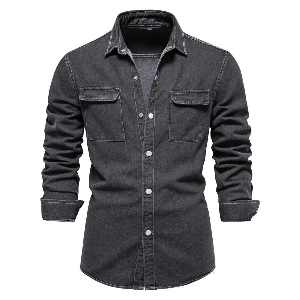Men's Denim Shirt with Dual Chest Pockets and Button Cuffs
