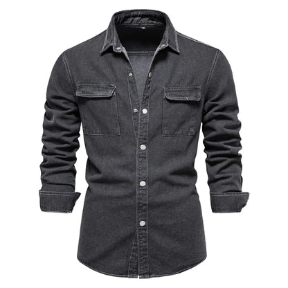 Men's Denim Shirt with Dual Chest Pockets and Button Cuffs