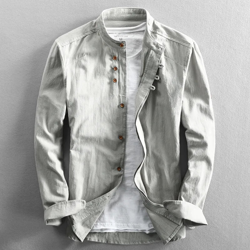 Men's Shirt Grandad Collar Long Sleeve Button Front Casual Fit