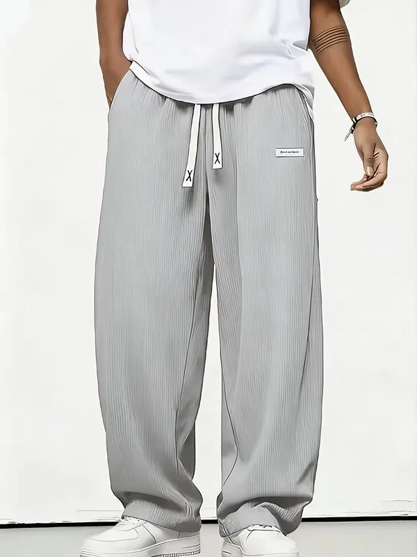 Men's Wide Leg Trousers Pleated Texture Drawstring Waist