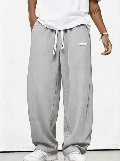 Men's Wide Leg Trousers Pleated Texture Drawstring Waist