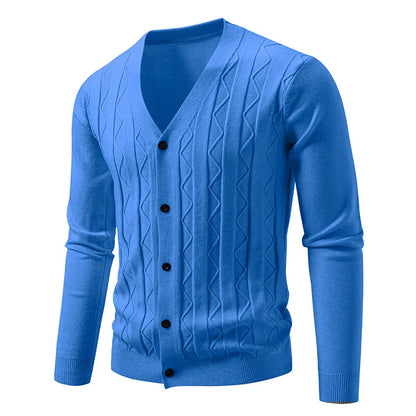 Men's Knitted V Neck Cardigan with Diamond Pattern Detail