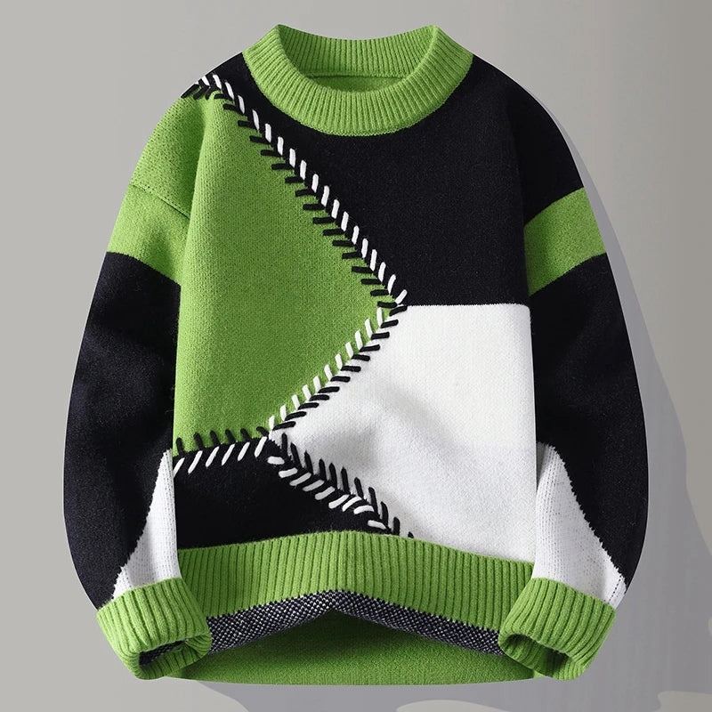 Men's Colour Block Knit Jumper with Crew Neck Geometric Design