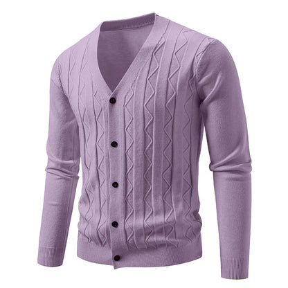 Men's Knitted V Neck Cardigan with Diamond Pattern Detail