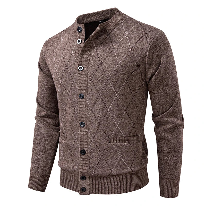 Men's Argyle Knit Cardigan with Button Front and Stand Collar