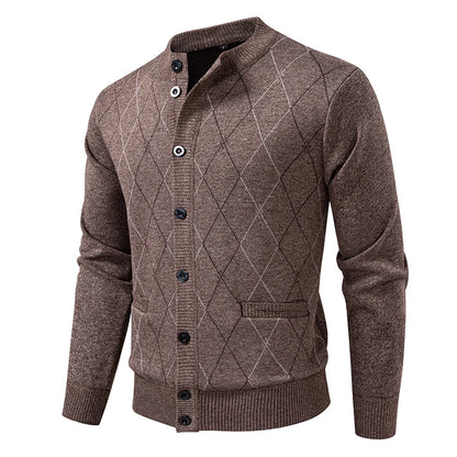 Men's Argyle Knit Cardigan with Button Front and Stand Collar