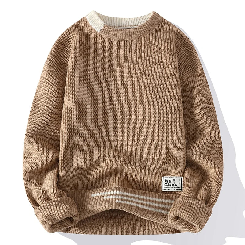 Men's Knitted Crew Neck Jumper with Ribbed Trim Detail