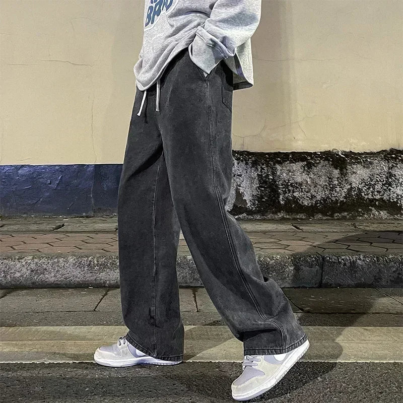 Men's Baggy Wide Leg Jeans with Drawstring Waist