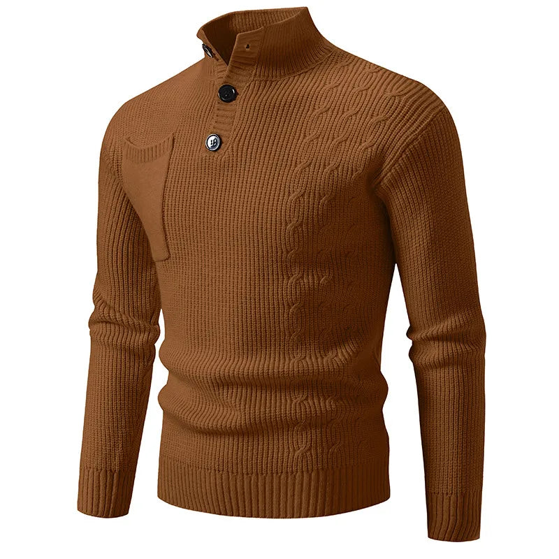 Men's Ribbed Knit Jumper with High Neck Button Placket
