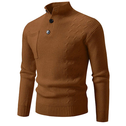 Men's Ribbed Knit Jumper with High Neck Button Placket