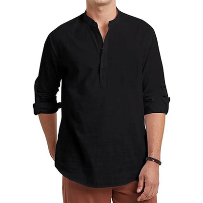 Men's Grandad Collar Long Sleeve Shirt with Button Placket