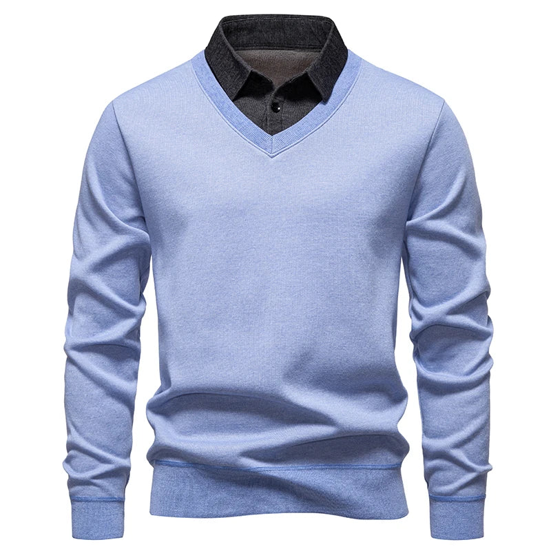 Men's V-Neck Jumper with Long Sleeves and Ribbed Trim