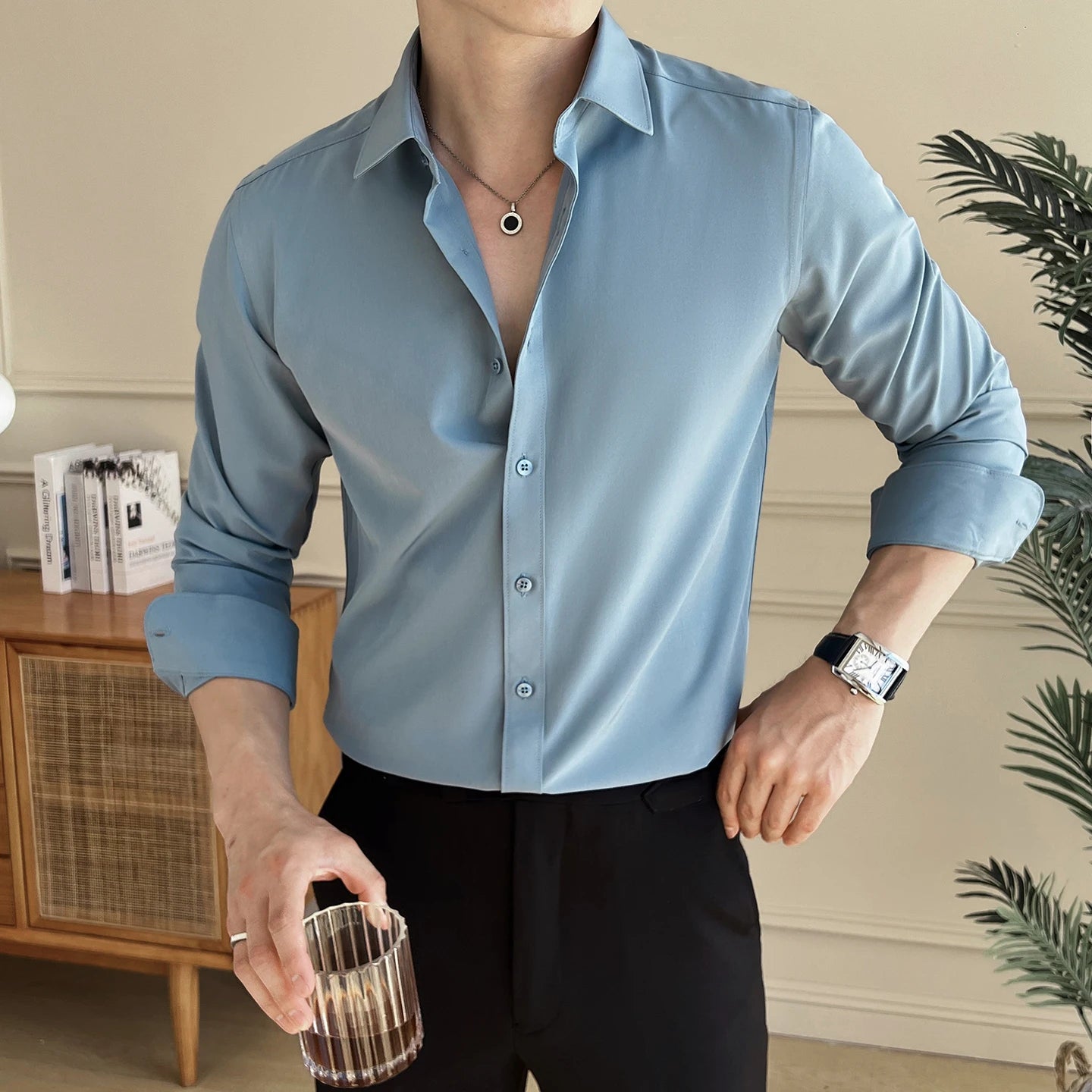 Men's Long Sleeve Button Down Shirt with Spread Collar