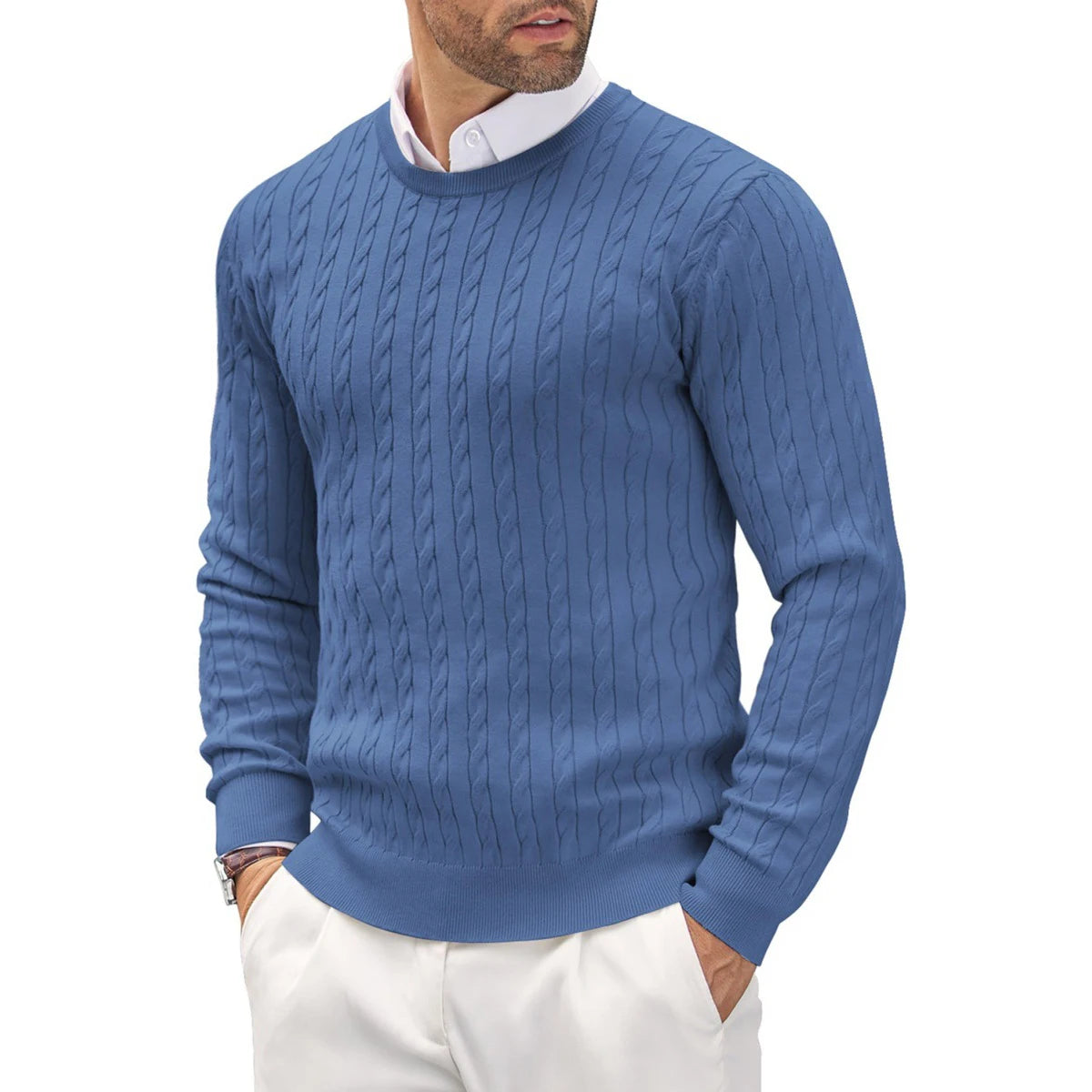 Men's Cable Knit Jumper with Crew Neck and Long Sleeves