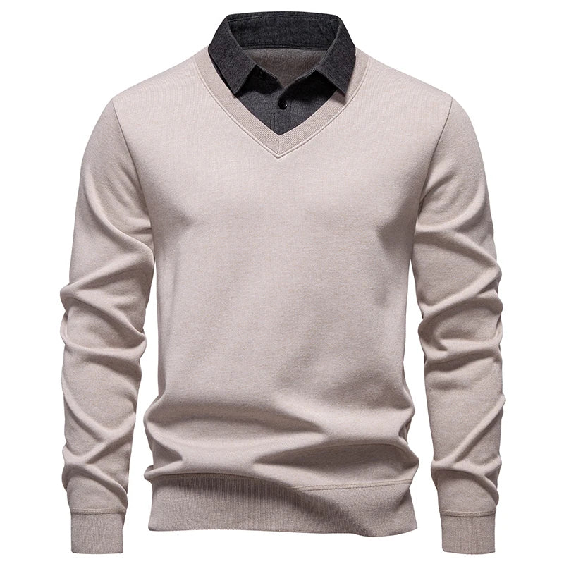 Men's V-Neck Jumper with Long Sleeves and Ribbed Trim