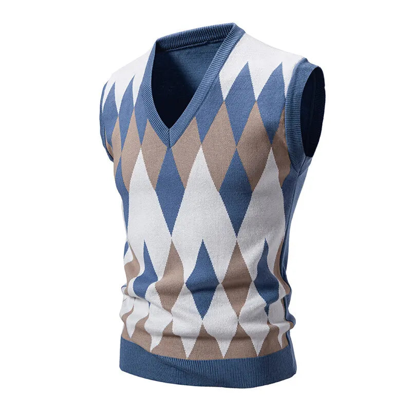 Men's Argyle Knit Sweater Vest with V-Neck Pattern