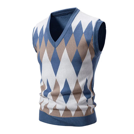 Men's Argyle Knit Sweater Vest with V-Neck Pattern