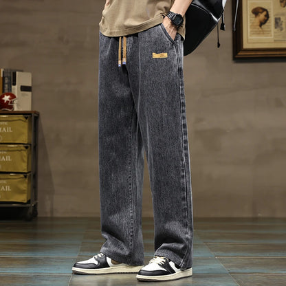 Men's Wide Leg Trousers Drawstring Waist Loose Fit Denim