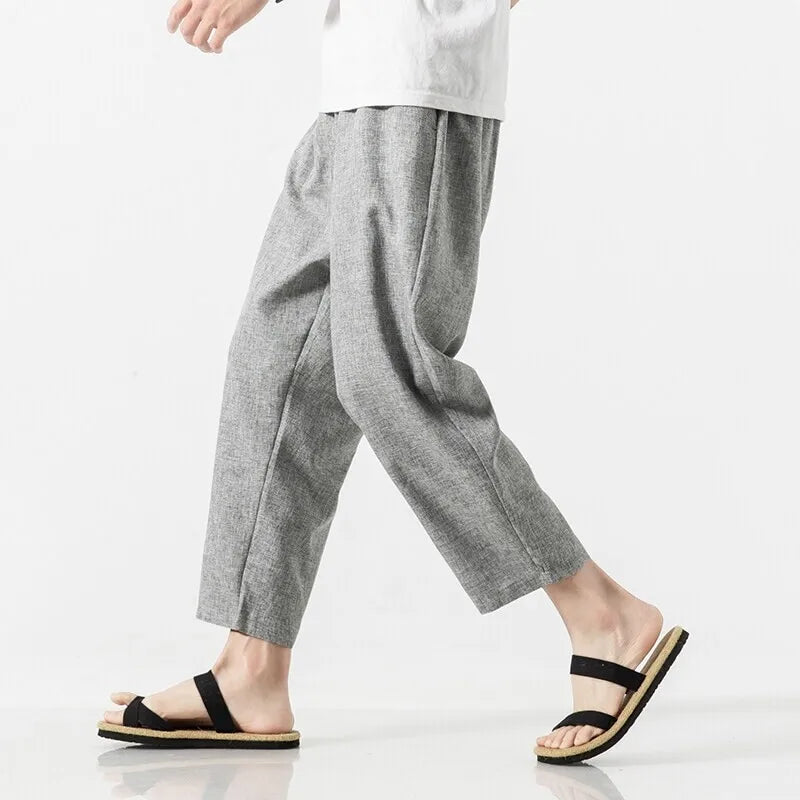 Men's Loose Fit Cropped Trousers with Drawstring Waist